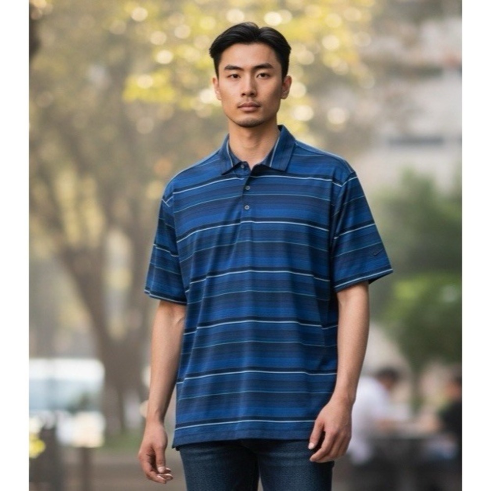 Nike Golf Men's L Polo SS Shirt Blue Striped Performance EUC Wicking